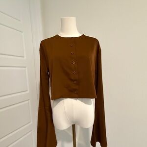 Bell Sleeve Woven Top Button Down Short Silk  Lightweight Contemporary